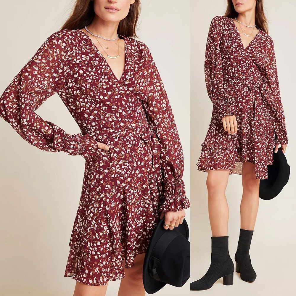 Anthropologie Hailee C Petra Leopard Ruffle Mini Wrap Dress Surplice Wine S $150